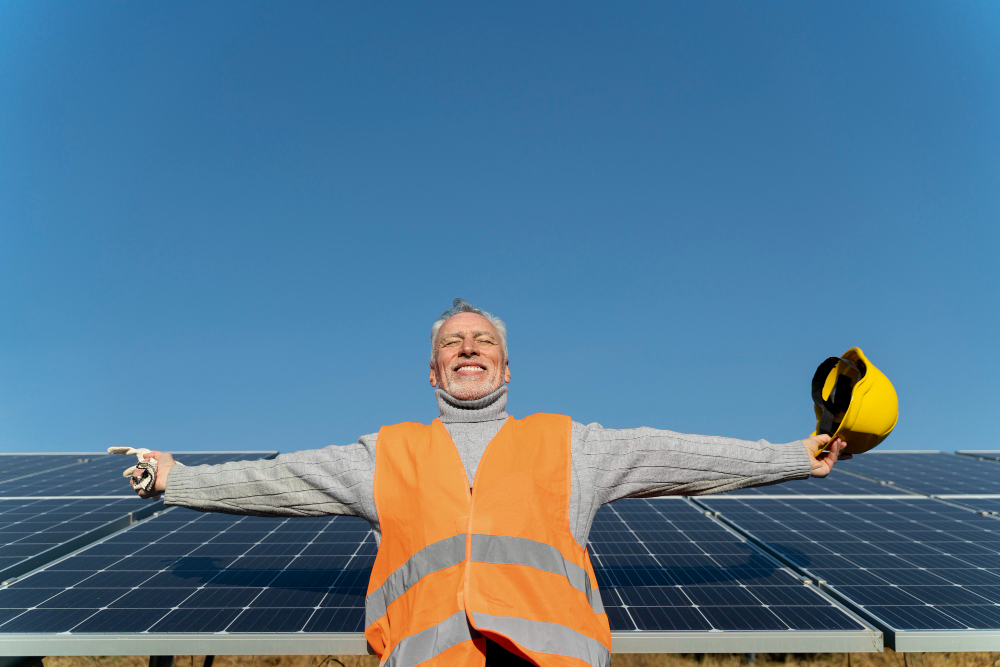 Técnico realizando el mantenimiento de una instalación de placas solares