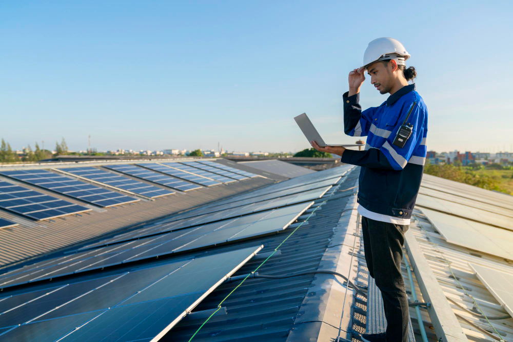 Técnico revisando el rendimiento de una instalación de placas solares